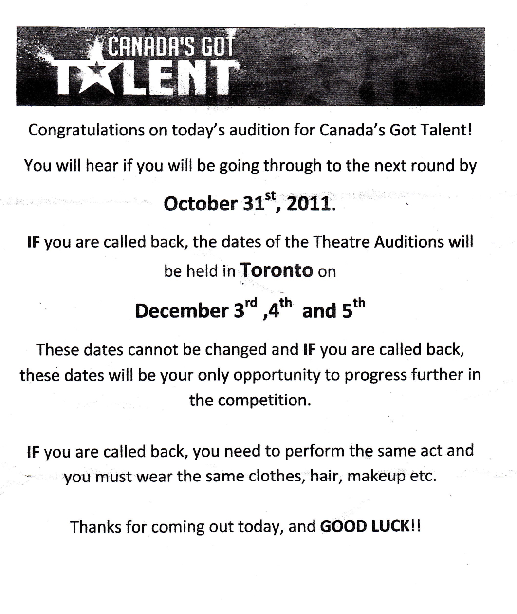 Canada's Got Talent Audition Certificate (2011 season)